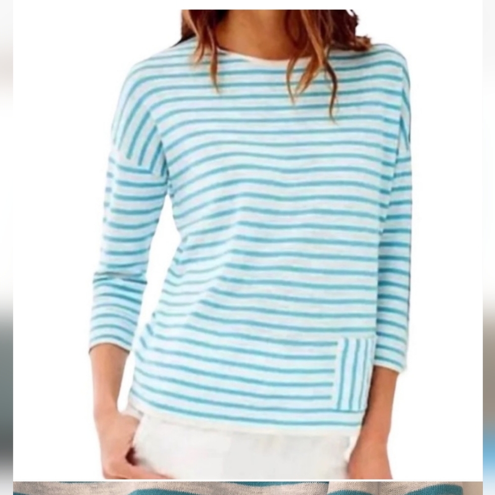 J Jill Striped Linen + Cotton Sweater in Aqua/Turquoise & White